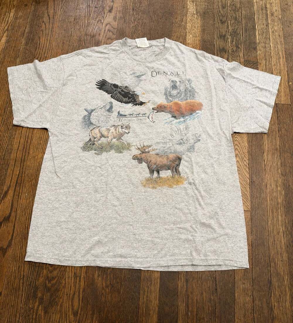 Sansegal Denali Alaska Untamed Spirits T-Shirt XL Gray Vintage 90s Wildlife